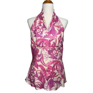VTG Y2K 100% SILK EXPRESS Floral Pink and Cream BABYDOLL Halter Top Large
